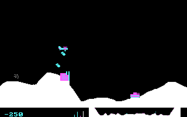 'Sopwith' IBM PC game - four colours, pixelly graphics, a cyan biplane drops two bombs on a magenta building.